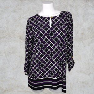 Anne Klein Black / White / Purple Dotted Line Design Women's Tunic Top